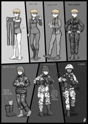  absurdres assault_rifle blonde_hair blue_eyes boots braid combat_helmet commentary english_commentary english_text female gun helmet highres holding holding_gun holding_weapon load_bearing_vest lyyti_aanismaa military military_uniform multiple_views newspaper ostwindprojekt panties pants rifle seno_lepo shirt snowing soldier t-shirt twintails underwear uniform weapon 