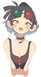  3d_glasses an-an_lee bare_shoulders black_choker black_hair black_shirt blunt_bangs blush breasts choker cleavage collarbone eyewear_on_head female front-tie_top highres looking_at_viewer navel oerba_yun_fang open_mouth rasusurasu reverse:1999 shirt short_hair simple_background skin_fang solo white_background yellow_eyes yin_yang 