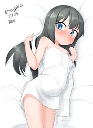  absurdres asashio_(kancolle) bare_shoulders black_hair blue_eyes cowboy_shot dated female flat_chest highres kantai_collection long_hair looking_at_viewer lying maru_(marg0613) naked_towel one-hour_drawing_challenge solo towel twitter_username 