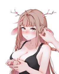  animal_ears black_tank_top blush breasts brown_hair cleavage commentary_request controller deer_ears exitus female game_controller highres holding holding_controller holding_game_controller kannazuki_lubee large_breasts long_hair multicolored_hair pink_eyes pink_hair simple_background sinar8808 solo streaked_hair tank_top upper_body virtual_youtuber white_background 