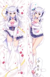  animal_ear_fluff animal_ears apron blue_eyes breasts cat_ears cat_tail dakimakura_(medium) extra_ears female large_breasts long_hair long_sleeves looking_at_viewer lying maid_headdress multiple_views noripro on_back on_side shirayuki_mishiro sumisaki_yuzuna tail thighhighs virtual_youtuber waist_apron white_hair white_thighhighs 