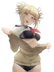  :p absurdres black_panties blonde_hair blunt_bangs boku_no_hero_academia breasts clothes_lift double_bun female hair_bun highres kobaji long_sleeves neckerchief open_clothes open_shirt panties school_uniform serafuku shirt shirt_lift short_hair simple_background solo sweater toga_himiko tongue tongue_out underwear white_background white_shirt yellow_eyes yellow_sweater 