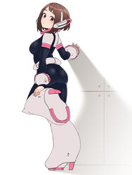  absurdres ass black_bodysuit bodysuit boku_no_hero_academia boots breasts brown_eyes brown_hair female from_side full_body high_heels highres knee_boots knee_up kobaji long_sleeves looking_at_viewer short_hair solo standing superhero_costume uraraka_ochako white_bodysuit 