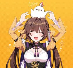  :d arm_strap arms_up bell bird blunt_bangs blush braid breasts brown_hair buchu14569590 chicken closed_eyes clothing_cutout facing_viewer female hair_bell hair_intakes hair_ornament honkai:_star_rail honkai_(series) lightning_bolt_symbol long_hair long_sleeves medium_breasts purple_ribbon ribbon shirt shoulder_cutout side_braid single_braid smile strap sushang_(honkai:_star_rail) tassel twintails upper_body white_shirt yellow_background yellow_sleeves 