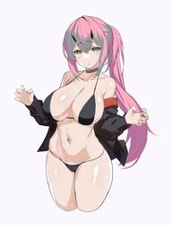  :o bare_shoulders bikini black_bikini black_choker black_jacket breasts choker cleavage collarbone cropped_legs female grey_eyes grey_hair halterneck heterochromia highres horns jacket large_breasts long_hair long_sleeves looking_at_viewer multicolored_hair nakamura_nagare navel off_shoulder open_clothes open_jacket original parted_lips pink_hair ponytail simple_background solo stomach string_bikini swimsuit thighs two-tone_hair very_long_hair white_background yellow_eyes 