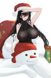  absurdres arm_up azur_lane black_hair blush bodystocking box breasts covered_collarbone crossed_bangs female fur-trimmed_headwear fur_trim gift gift_box hand_to_forehead hat highres huge_breasts jojo_xiuxian long_hair looking_at_viewer open_mouth red_eyes red_hat red_nails sack santa_hat sitting sleeveless sleeveless_turtleneck snowman_costume solo taihou_(azur_lane) turtleneck very_long_hair white_background 