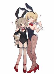  2girls ? animal_ears bandages bare_shoulders black_jacket black_suit blonde_hair blue_eyes boko_(girls_und_panzer) bow bowtie braid breasts brown_eyes cleavage collar cup darjeeling_(girls_und_panzer) detached_collar fake_animal_ears fishnet_pantyhose fishnets girls_und_panzer high_heels highres holding holding_stuffed_toy jacket legs light_brown_hair long_hair multiple_girls musical_note one_eye_closed one_side_up pantyhose playboy_bunny rabbit_ears rabbit_tail red_bow red_footwear ri_(qrcode) shimada_arisu short_hair simple_background smile standing stuffed_animal stuffed_toy suit tail teacup thighhighs thighs twin_braids white_collar white_wrist_cuffs wrist_cuffs 