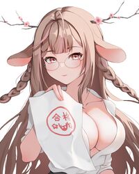  animal_ears braid breasts brown_hair cleavage commentary_request deer_ears exitus female glasses highres holding holding_paper kannazuki_lubee large_breasts long_hair multicolored_hair open_clothes open_shirt paper pink_eyes pink_hair side_braids sinar8808 solo streaked_hair very_long_hair virtual_youtuber 