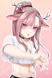  :p absurdres animal_ears black_choker breasts brown_hair choker cleavage crop_top deer_ears exitus female flower-shaped_pupils high_ponytail highres kannazuki_lubee large_breasts long_hair multicolored_hair pink_background pink_eyes pink_hair pink_nails shirt solo streaked_hair symbol-shaped_pupils thumbs_down tongue tongue_out uyi_(u_yiiii) virtual_youtuber white_shirt 