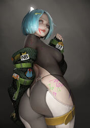  absurdres accessories ass blue_eyes blue_hair body_writing bodystocking breasts female green_jacket hair_ornament hairclip heart highres jacket lipstick looking_back makeup medium_breasts off_shoulder original short_hair smeared_lipstick tally weber 