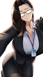  black_hair black_skirt blueorca bra_visible_through_clothes breasts brown_hair cleavage closed_mouth collarbone female glasses highres huge_breasts id_card lanyard long_hair miniskirt mole mole_under_eye mole_under_mouth office_lady original pantyhose pencil_skirt simple_background skirt solo white_background 