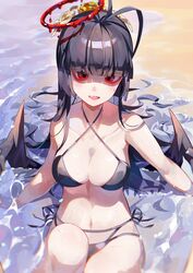  absurdres antenna_hair bikini black_bikini black_hair black_wings blue_archive breasts cleavage collarbone criss-cross_halter female halo halterneck highres hiro_(yoshi_chan) long_hair low_wings medium_breasts melting_halo navel ocean official_alternate_costume open_mouth outdoors red_eyes red_halo sharp_teeth side-tie_bikini_bottom sitting smile solo string_bikini swimsuit teeth tsurugi_(blue_archive) tsurugi_(swimsuit)_(blue_archive) wet_face wings 