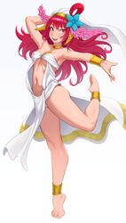  absurdres ankle_cuffs barefoot cheshirrr dancer feet female full_body hair_ornament harem_outfit highres long_hair magi_the_labyrinth_of_magic morgiana open_mouth red_eyes red_hair simple_background solo white_background 