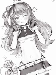  ;q absurdres alternate_costume bell belt breasts crescent crop_top female fur-trimmed_gloves fur-trimmed_skirt fur_trim gloves greyscale hair_ornament highres himemori_luna hololive jingle_bell light_blush long_hair looking_at_viewer luknight_(himemori_luna) microskirt monochrome nanashi_(nlo) navel neck_bell one_eye_closed one_side_up panty_straps simple_background skirt small_breasts solo star_(symbol) stomach tongue tongue_out underboob virtual_youtuber 