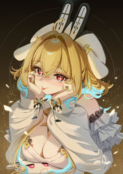  :p absurdres ahoge blonde_hair blue_hair breasts cleavage cross-shaped_pupils detached_sleeves female hair_intakes highres large_breasts long_hair long_sleeves melonyx multicolored_hair red_eyes ruiuncle sinnie_aris solo streaked_hair symbol-shaped_pupils tongue tongue_out virtual_youtuber white_headwear white_sleeves 