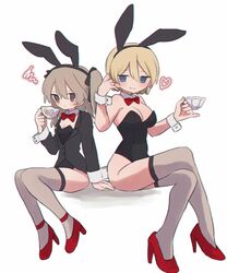  2girls animal_ears bare_shoulders black_jacket black_suit blonde_hair blue_eyes bow bowtie braid breasts brown_eyes cleavage collar cup darjeeling_(girls_und_panzer) detached_collar fake_animal_ears frown girls_und_panzer grey_thighhighs heart high_heels highres jacket legs light_brown_hair long_hair multiple_girls one_side_up playboy_bunny rabbit_ears rabbit_tail red_bow red_footwear ri_(qrcode) shimada_arisu short_hair simple_background sitting smile squiggle suit tail teacup thighhighs thighs twin_braids white_collar white_wrist_cuffs wrist_cuffs 