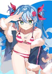  +_+ :3 ass_visible_through_thighs bikini black_coat blue_eyes blue_hair bow breasts cleavage coat commentary cowboy_shot crab_print female fish_pendant fur-trimmed_coat fur_trim hairbow hand_on_own_thigh hand_up hatsune_miku highres jewelry leaning_forward light_smile long_hair looking_at_viewer medium_breasts octopus_hair_ornament open_clothes open_coat outdoors pendant red_bikini red_bow shading_eyes side-tie_bikini_bottom solo sparkle standing striped_bikini striped_clothes swimsuit tsuchinoko_(tutituti0125) twintails umi_no_searchlight_(vocaloid) vocaloid yuki_miku yuki_miku_(2022) 