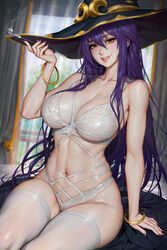  black_hat bra bracelet breasts brown_eyes brown_nails cleavage collarbone curtains english_commentary female goblin_slayer! gold_bracelet gold_trim hair_between_eyes hair_over_shoulder hat highres holding holding_smoking_pipe indoors jewelry large_breasts long_hair looking_at_viewer mixed-language_commentary mole mole_under_eye navel neoartcore paid_reward_available panties patreon_username purple_hair railing sitting smile smoking_pipe solo stomach thai_commentary thighhighs underwear very_long_hair white_bra white_panties white_thighhighs witch_(goblin_slayer!) witch_hat 