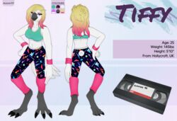  80&#039;s_theme anthro avian avian_feet axiomtf beak bird blonde_hair bottomwear bra clothed clothing cockatoo colored english_text feathers female hair hi_res leg_warmers legwear long_hair makeup model_sheet pants parrot pink_hair pose solo sports_bra story story_in_description text tiffy_(axiomtf) underwear video_cassette white_body white_feathers yoga_pants zeydaan_(artist) 