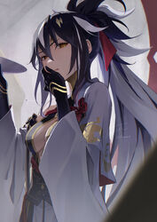  bare_shoulders black_gloves black_hair black_shirt black_skirt breasts center_opening cleavage cup detached_sleeves facial_mark fate/grand_order fate_(series) female fomnant forehead_mark gloves gold_trim hair_between_eyes halterneck high_ponytail highres layered_skirt licking_lips long_hair looking_at_viewer medium_breasts multicolored_hair nagao_kagetora_(fate) sakazuki shirt sidelocks skirt solo tongue tongue_out two-tone_hair uesugi_kenshin_(fate) uesugi_kenshin_(third_ascension)_(fate) very_long_hair white_hair white_skirt wide_sleeves yellow_eyes 