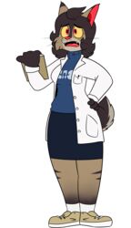  2018 4_fingers alpha_channel anthro biologist biped black_eyebrows black_markings black_mouth black_tail black_whiskers blue_clothing blue_sweater blue_topwear bottomwear breasts brown_body brown_countershading brown_fur brown_markings brown_stripes cheek_tuft chokovit_(artist) clipboard clothed clothed_anthro clothed_female clothing coat colored countershade_face countershade_fur countershade_tail countershading digital_drawing_(artwork) digital_media_(artwork) dipstick_ears ear_markings eyebrow_through_hair eyebrows eyelashes facial_tuft felid feline female female_anthro fingers footwear front_view full-length_portrait fur fur_tuft gloves_(marking) hair hand_on_hip hi_res holding_clipboard holding_object lab_coat leg_markings lillian_wattson lynx mammal markings mature_anthro mature_female multicolored_ears open_clothing open_lab_coat pen pen_in_pocket pencil_skirt pockets portrait prick_ears pupils purple_bottomwear purple_clothing purple_skirt red_eyes red_inner_ear red_nose red_tongue scut_tail shoes short_tail simple_background skirt sneakers socks socks_(marking) solo standing striped_cheeks striped_legs stripes sweater tail tan_body tan_countershading tan_sneakers teeth tongue topwear translucent translucent_hair transparent_background tuft turtleneck whiskers white_clothing white_footwear white_lab_coat white_socks yellow_sclera 