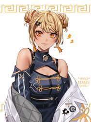  bare_shoulders belt black_belt blonde_hair blue_dress blue_sleeves bra_strap braid braided_bun breasts brown_hair character_name chinese_clothes cleavage_cutout clothing_cutout detached_sleeves double_bun dress earrings female gyaru hair_bun hair_ornament hairclip highres jacket jewelry kaminari_qpi kaminari_qpi_(4th_costume) kurakichi36 lightning_bolt_symbol looking_at_viewer medium_breasts multicolored_hair oerba_yun_fang off_shoulder open_clothes open_jacket orange_eyes short_hair skin_fang smile solo streaked_hair swept_bangs tassel tassel_earrings virtual_youtuber vspo! white_jacket 