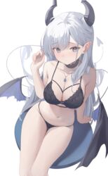  ahoge arm_support armpit_crease bare_arms bare_shoulders black_bra black_choker black_horns black_panties black_wings blue_eyes blush borrowed_character bra breasts choker cleavage closed_mouth commentary demon_girl demon_horns demon_tail demon_wings english_commentary feet_out_of_frame female furrowed_brow grey_hair hair_on_horn hair_over_shoulder hand_up highres horns jewelry lace-trimmed_choker lace_trim large_breasts long_hair looking_to_the_side low_wings navel necklace original panties plo1154 pointy_ears shadow simple_background sitting solo stomach string_panties tail thea_(nekojira) thigh_gap thighs underwear underwear_only very_long_hair white_background wings 