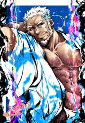  1boy abs aegir_(housamo) arm_behind_head bara beard blue_eyes border closed_mouth dark-skinned_male dark_skin dated facial_hair fundoshi japanese_clothes kano_(kano_to10) kimono large_pectorals male_focus mature_male multicolored_hair muscular muscular_male nipples open_clothes open_kimono outside_border pectorals revision short_hair smirk solo streaked_hair thick_eyebrows tokyo_afterschool_summoners twitter_username upper_body white_border white_hair white_kimono 