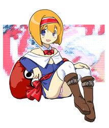  alice_margatroid belt_boots blonde_hair blue_dress blue_eyes blush boots bow bowtie brown_footwear collar commentary_request cookie_(touhou) detached_collar dress eyes_visible_through_hair female full_body hair_between_eyes hairband hand_on_own_knee highres kakusou looking_at_viewer medium_bangs oerba_yun_fang off-shoulder_dress off_shoulder open_mouth panties partial_commentary pillow pink_panties red_bow red_bowtie red_hairband red_sash sash short_dress short_hair sitting skin_fang smile solo striped_clothes striped_panties taisa_(cookie) touhou underwear white_collar white_panties white_tail 