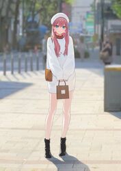  1other absurdres bag black_footwear blue_eyes blurry blurry_background brick_floor brown_bag casual closed_mouth commentary crosswalk female handbag hara_kenshi highres holding holding_bag kuroba_mitsuha light_blush light_smile long_hair long_sleeves looking_at_viewer original outdoors pink_hair plaid plaid_shirt puffy_long_sleeves puffy_sleeves red_shirt shirt shopping_bag shoulder_bag solo_focus standing sweater v_arms white_headwear white_sweater 