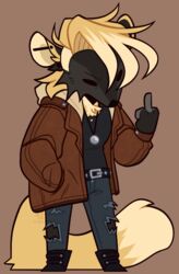  annoyed anthro belt boots bottomwear brown_leather chibi clothed clothing denim denim_bottomwear denim_clothing digital_media_(artwork) ear_piercing footwear gesture gloves_(marking) gulonine hand_gesture jacket jeans jewelry leather leather_boots leather_clothing leather_footwear leather_jacket leather_topwear male mammal markings marten middle_finger mullet mustelid musteline narrowed_eyes necklace pants piercing pine_marten rhett_(ribr0t) ribr0t shirt simple_background solo squint studded_belt studs topwear torn_bottomwear torn_clothing torn_jeans torn_pants torn_tank_top torn_topwear true_musteline weasel 