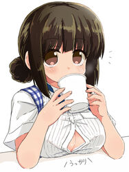  breast_rest breasts breasts_on_table brown_eyes brown_hair bursting_breasts button_gap commentary_request cup disposable_cup drinking female hair_bun holding holding_cup kobeya kobeya_uniform large_breasts naitou_kouse oppai_loli original single_hair_bun solo steam translation_request upper_body 