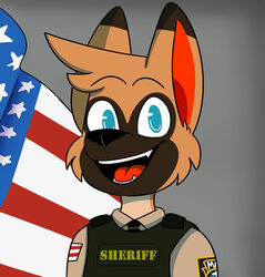  2017 anthro biped black_eyebrows black_mouth black_necktie black_nose blue_eyes brown_body brown_clothing brown_countershading brown_fur brown_hair brown_markings brown_topwear brown_tuft brown_vest bulletproof_vest bust_portrait canid canine canis cheek_tuft chokovit_(artist) clothed clothed_anthro clothed_male clothing colored countershade_face countershade_fur countershade_neck countershading digital_drawing_(artwork) digital_media_(artwork) domestic_dog ears_up english_text eyebrow_through_hair eyebrows facial_tuft flag_patch front_view fur german_shepherd hair herding_dog hi_res jay_shepherd male male_anthro mammal markings necktie no_pupils open_mouth open_smile pastoral_dog patch_(fabric) police police_dog police_officer police_uniform portrait red_inner_ear red_tongue sheriff smile solo stars_and_stripes tan_body tan_clothing tan_countershading tan_shirt tan_topwear teeth text tongue topwear translucent translucent_hair tuft uniform united_states_of_america vest white_text yellow_text 