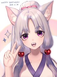  animal_ear_fluff animal_ears bow breasts chinese_commentary cleavage commentary_request dated english_text euthan fangs female fox_ears fox_girl hairbow hand_up happy_birthday highres japanese_clothes kimono long_hair looking_at_viewer medium_breasts open_mouth parted_lips pink_bow purple_eyes sidelocks smile sparkle touhoku_itako twitter_username v voiceroid white_background white_kimono 