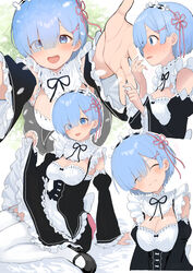  absurdres blue_eyes blue_hair blush breasts closed_eyes closed_mouth clothes_lift commentary commentary_request detached_sleeves eyes_visible_through_hair female frilled_sleeves frills hair_ornament hair_over_one_eye hair_ribbon hand_to_own_mouth head_tilt highres hug large_breasts looking_at_viewer maid maid_headdress mameroku mary_janes nose_blush open_mouth pink_ribbon re:zero_kara_hajimeru_isekai_seikatsu rem_(re:zero) ribbon ribbon-trimmed_clothes ribbon_trim roswaal_mansion_maid_uniform shoes short_hair simple_background skirt skirt_lift smile solo teeth upper_teeth_only x_hair_ornament 