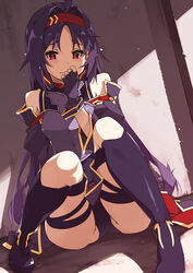  armor ass bare_shoulders breastplate closed_mouth female fingerless_gloves gloves hairband highres long_hair looking_at_viewer parted_bangs pointy_ears purple_armor purple_gloves purple_hair red_eyes red_hairband shikei sitting solo sword_art_online very_long_hair yuuki_(sao) 