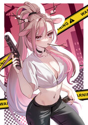  absurdres animal_ears antlers black_choker black_nails black_pants breasts brown_hair choker cleavage crop_top deer_antlers deer_ears exitus female flower-shaped_pupils gun high_ponytail highres holding holding_gun holding_weapon horns kannazuki_lubee long_hair multicolored_hair pants pink_eyes pink_hair ruiuncle shirt solo streaked_hair symbol-shaped_pupils very_long_hair virtual_youtuber weapon white_shirt 