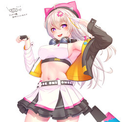  absurdres ahoge animal_ear_headwear animal_ears aogiri_koukou armpits artist_logo bandaid bandaid_hair_ornament beret black_gloves blonde_hair blue_hair bora_(karasumin0) breasts crop_top dated fake_animal_ears female fingerless_gloves gloves hair_between_eyes hair_ornament hat headphones headphones_around_neck highres jacket multicolored_clothes multicolored_hair multicolored_jacket multicolored_skirt navel ooshiro_mashiro open_clothes open_jacket open_mouth pink_hair pink_hat pleated_skirt purple_eyes salute skirt solo split-color_clothes stomach streaked_hair tongue two-tone_gloves virtual_youtuber white_gloves zipper 