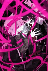  1boy arms_up black_hair black_pants black_vest brown_sweater collared_shirt e.g.o_(project_moon) faust_(project_moon) female hand_up highres lemonail limbus_company long_sleeves looking_at_viewer necktie pants parted_lips pink_eyes pink_ribbon pink_shoes_(project_moon) project_moon red_necktie ribbon shirt smile sparkle straight sweater vest white_hair white_shirt yi_sang_(project_moon) 