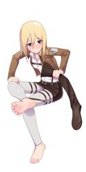  barefoot blonde_hair blue_eyes blush boots brown_jacket crossed_legs feet female hair_between_eyes highres holding holding_boots holding_clothes holding_footwear jacket krista_lenz maidforge shingeki_no_kyojin simple_background soles solo toenails toes unworn_boots white_background 