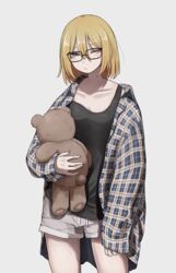  aki_(tabao) bags_under_eyes black_tank_top blonde_hair blue_eyes commentary_request cowboy_shot female glasses grey_background hair_between_eyes highres holding holding_stuffed_toy long_sleeves medium_hair mole mole_under_eye one_eye_closed open_clothes open_shirt original oversized_clothes oversized_shirt partial_commentary plaid plaid_shirt shirt short_shorts shorts simple_background sleeves_past_wrists solo stuffed_animal stuffed_toy tabao tank_top teddy_bear white_background 