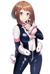  bodysuit boku_no_hero_academia breasts brown_eyes brown_hair closed_mouth commentary_request covered_navel female fingernails highres kobaji looking_at_viewer medium_breasts short_hair simple_background smile solo standing uraraka_ochako white_background 