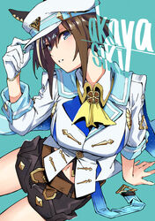  absurdres akaya_shiki animal_ears aqua_background artist_name ascot belt black_shorts blue_eyes breasts brown_belt brown_hair cheval_grand_(umamusume) commentary ear_covers female gloves hair_between_eyes hat highres horse_ears horse_girl jacket long_sleeves looking_at_viewer medium_breasts navel peaked_cap shorts simple_background single_glove sitting solo umamusume white_gloves white_hat white_jacket yellow_ascot 