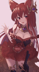  animal_ears anthuria bare_shoulders blush breasts cleavage coffee1223 commentary covered_navel cowboy_shot dress erune female frilled_dress frills granblue_fantasy hair_between_eyes hair_over_shoulder hand_on_own_knee hand_up highres leaning_forward long_hair looking_at_viewer medium_breasts navel off-shoulder_dress off_shoulder open_hand open_mouth pink_background red_dress red_eyes red_hair short_dress sidelocks simple_background smile solo standing straight_hair very_long_hair waving 