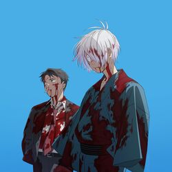  2boys absurdres belt black_hair blood blood_from_mouth blood_in_hair blood_on_clothes blood_on_face blue_background blue_kimono cigarette collarbone gegege_no_kitarou hair_over_one_eye hands_in_pockets highres japanese_clothes kimono kitarou_tanjou:_gegege_no_nazo looking_ahead looking_to_the_side male_focus medama_oyaji medama_oyaji_(human) mizuki_(gegege_no_kitarou) multiple_boys necktie obi sash scar scar_across_eye simple_background suit tendot white_hair 