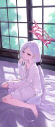  absurdres barefoot bed_sheet blue_archive feet female grey_hair halo highres indoors long_hair long_sleeves mitsutsuka mutsuki_(blue_archive) open_mouth pajamas pointy_ears red_eyes red_halo sitting slit_pupils solo toenails toes wariza white_pajamas window 