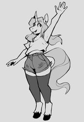  anthro bottomwear clothing crop_top equid equine female grey_background greyscale hair hi_res hooves horn hotpants juicyghost leg_warmers legwear long_hair mammal monochrome mythological_creature mythological_equine mythology open_mouth open_smile shirt shorts simple_background smile solo topwear unicorn unicorn_horn wide_eyed 