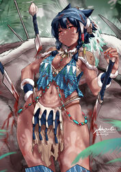  animal artist_name bandana black_hair blood blue_bandana bodypaint braided_sidelock breasts brown_capelet capelet closed_mouth dark-skinned_female dark_skin dead_animal fanbox_username fangs female fern fur-trimmed_capelet fur_trim highleg highleg_panties highres holding holding_weapon looking_at_viewer machete nail_polish navel nekoguchi original panties pelvic_curtain rags red_eyes red_nails signature slit_pupils small_breasts solo spiked_hair thighs tribal twitter_username underwear weapon wrist_cuffs 