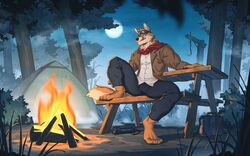  16:10 anthro biped campfire canid canine canis canyne_khai clothed clothing countershade_face countershade_fur countershade_neck countershade_tail countershading domestic_dog fire fur hi_res kemono male mammal moon night plant solo tail tongue tongue_out tree widescreen 