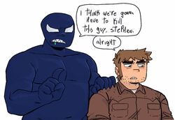  2boys alternate_muscle_size bara beard_stubble belly brown_hair crossover english_text facial_hair forked_eyebrows hand_on_another&#039;s_shoulder height_difference i_think_we&#039;re_gonna_have_to_kill_this_guy_steven_(meme) long_sideburns long_sleeves looking_down male_focus marvel meme multiple_boys navel no_nipples nude null_(mr_not_null) plump scott_pilgrim_(series) scott_pilgrim_takes_off sharp_teeth short_hair sideburns size_difference sparse_stubble speech_bubble spider-man_(series) stephen_stills stubble symbiote teeth thick_eyebrows upper_body v-shaped_eyes venom_(marvel) 